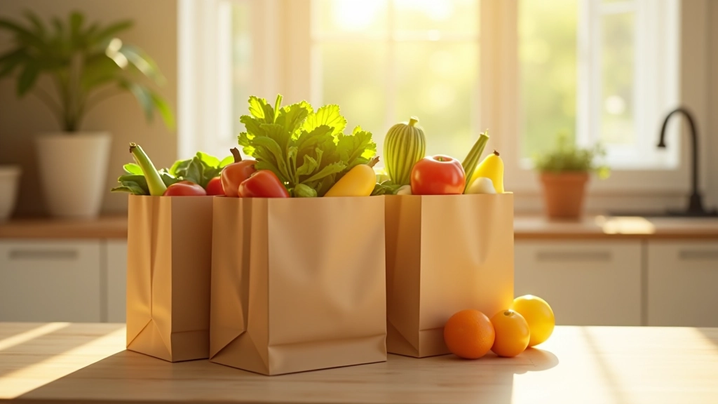 Sac de courses rempli de fruits et légumes frais sur un comptoir de cuisine ensoleillé
