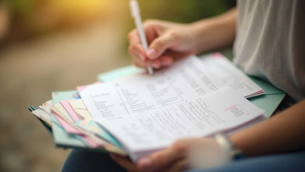 Personne tenant un carnet avec des graphiques de dépenses et des enveloppes colorées en arrière-plan