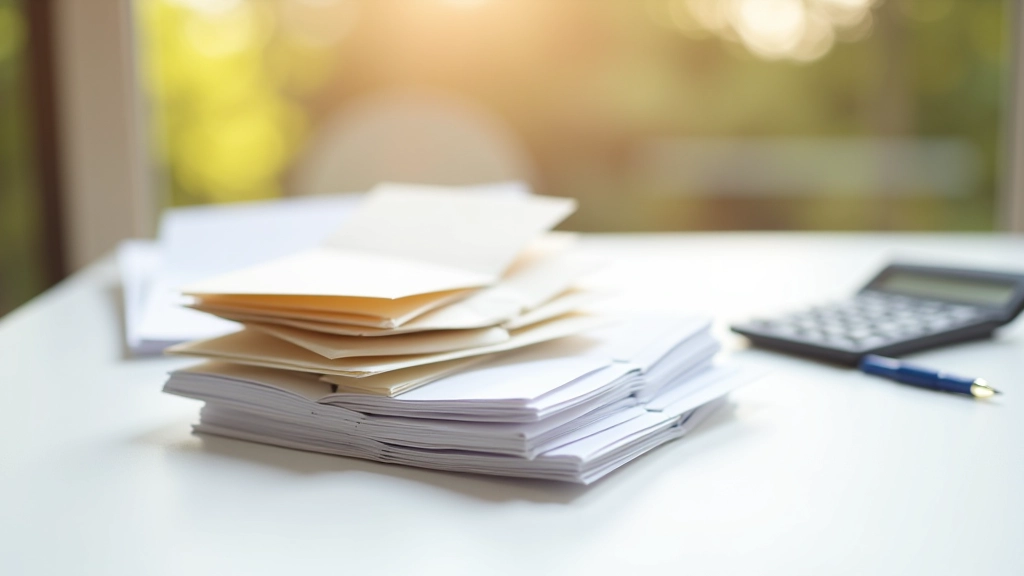 Factures d'électricité et d'eau empilées sur une table, stylo et calculatrice à côté, lumière naturelle