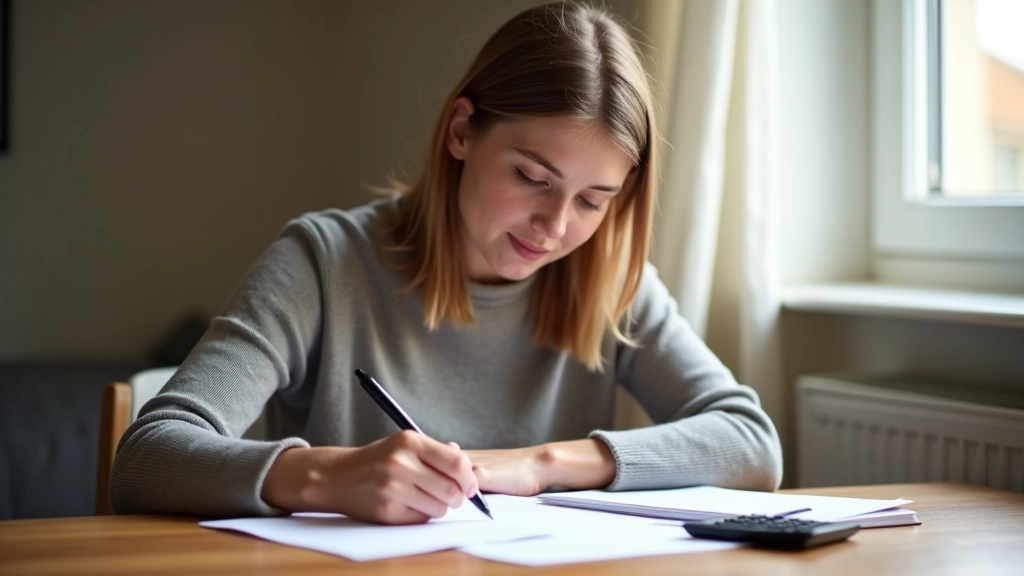 Personne inscrivant le montant du loyer sur un formulaire de budget, stylo et calculatrice sur le bureau